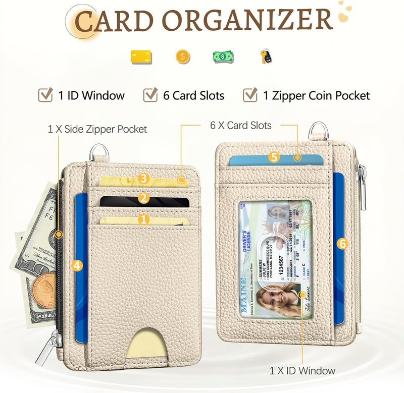 Kelvoris Beige Credit Card Holder Small Wallet Women, Minimalist Slim RFID Blocking Wallet Woman Keychain with Zipper Coin Pocket, Front Pocket Thin Travel Card Case Organizer ID Window Ladies Gifts - Image 3